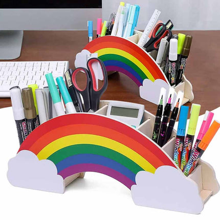 Rainbow Wooden Pen Holder DIY Pencil Case Desk Organizer for Phone Storage