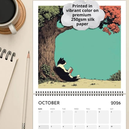 Cats Chillin' with Books 2026 Wall Calendar – Cat-Themed Illustrated Planner