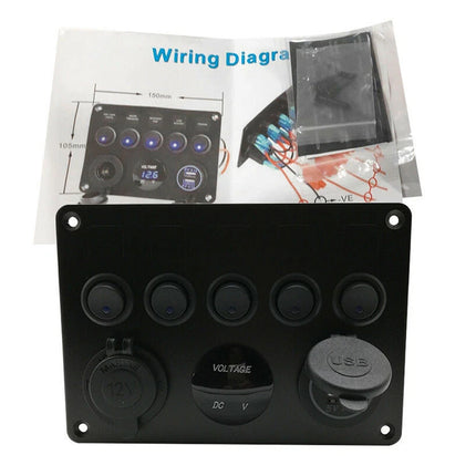 5-Gang 12V Switch Panel with LED Lights, Voltmeter & USB Charger for Campervan and RV
