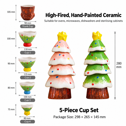 5Pcs Stackable Christmas Tree Ceramic Tea Cup Set Hand Painted Gift