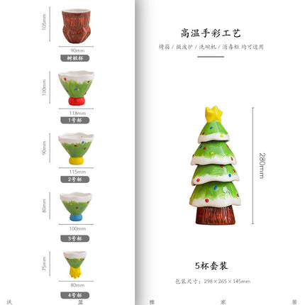5Pcs Stackable Christmas Tree Ceramic Tea Cup Set Hand Painted Gift
