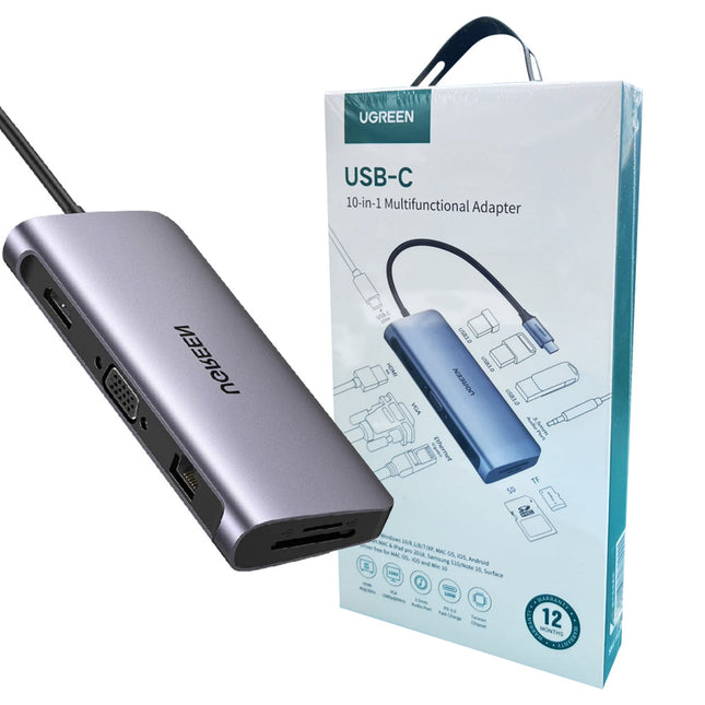 10-in-1 USB-C Hub 3xUSB-A HDMI VGA RJ45 SD/TF AUX PD Converter