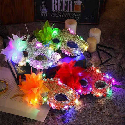 2X Random Lace Venetian Light Up Mask with Side Flower for Mardi Gras