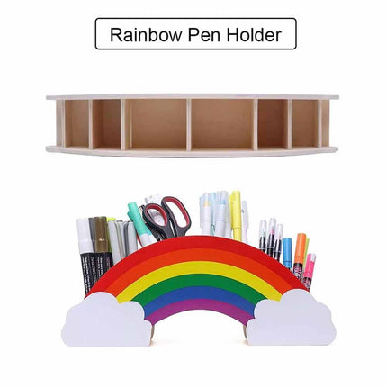 Rainbow Wooden Pen Holder DIY Pencil Case Desk Organizer for Phone Storage