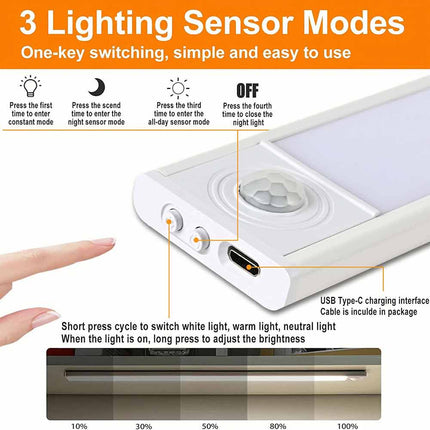 LED PIR Motion Sensor Strip Light Magnetic USB Rechargeable for Cabinet & Closet