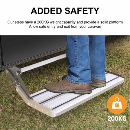 Retractable Aluminum RV Step with Integrated LED Light - Pull-Out Folding Design for Caravans, Campers & Trailers
