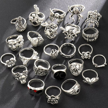 24Pcs Gothic Skeleton Ring Set Punk Grunge Unisex Street Jewelry Gift
