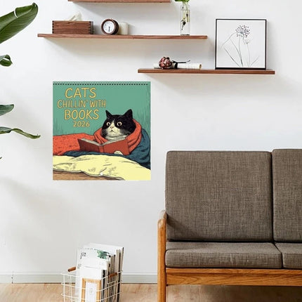 Cats Chillin' with Books 2026 Wall Calendar – Cat-Themed Illustrated Planner