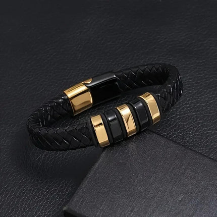 Men’s Magnetic Braided Leather Rope Bracelet, Wrap Bangle, Black 22 cm