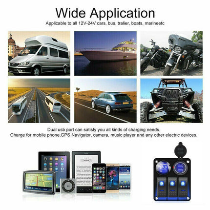 Waterproof 3-Gang 12V/24V Switch Panel with USB Charger for Car, Boat, and RV