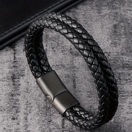 Men's Braided Leather Magnetic Bracelet 6mm Black 21cm