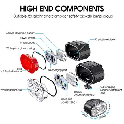 2PCS Super Bright Bike Light Set Front & Rear Waterproof LED Torch