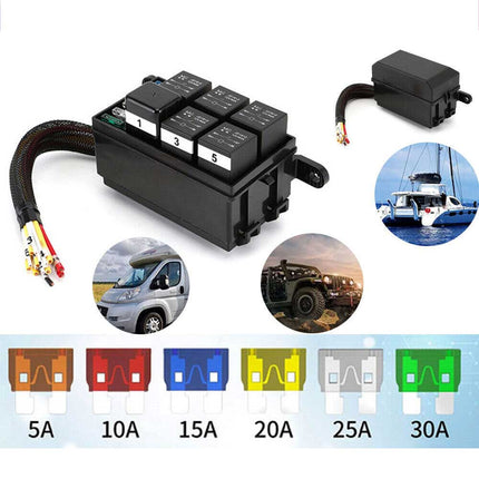 Waterproof 6-Slot Relay & Fuse Block, 12V 40A with ATC Fuse Holders