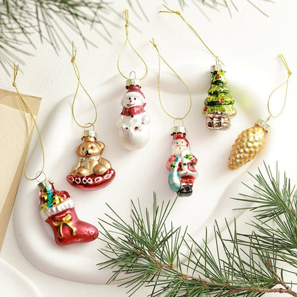 Set of 6 Retro Glass Christmas Tree Hanging Nostalgic Decorations