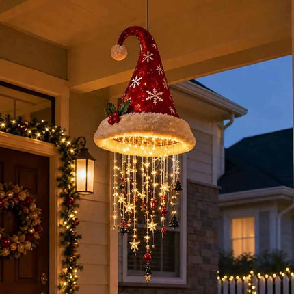 Lighted Santa Hat Chandelier with Glowing Star Tassel Christmas Decoration