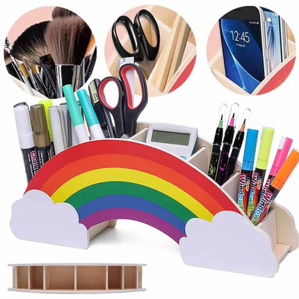 Rainbow Wooden Pen Holder DIY Pencil Case Desk Organizer for Phone Storage