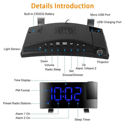 LED Digital Clock Radio Projection Alarm Curved Screen