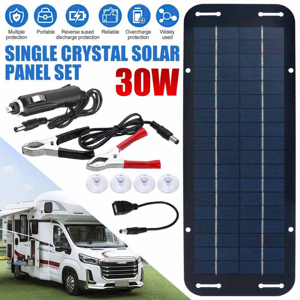 12V 30W Solar Battery Charger & Maintainer - Waterproof, Portable Power for Car, Boat, RV, Motorcycle