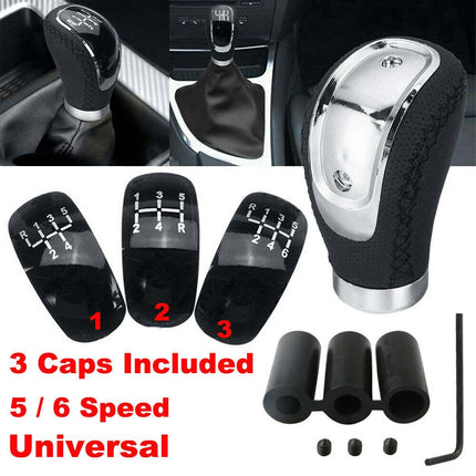 5/6 Speed Manual Car Gear Shift Knob, 3-Piece Black PU Leather Cover Cap Set