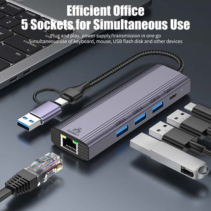 5-in-1 USB-C to Gigabit Ethernet Adapter: 1000Mbps RJ45 LAN + 3 x USB 3.0 Ports
