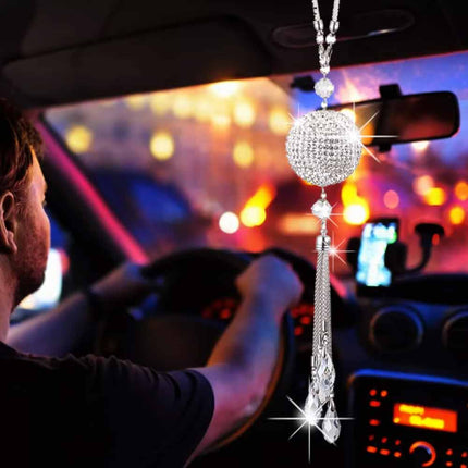 White Crystal Disco Ball Prism Charm - Car Rear View Mirror Decor with Glimmering Light Effects, Good Luck Gift
