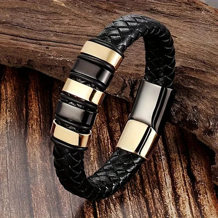 Men’s Magnetic Braided Leather Rope Bracelet, Wrap Bangle, Black 22 cm