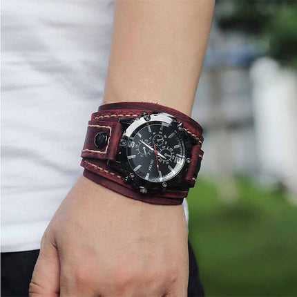 Military Retro PU Leather Strap Watch Men's Punk Quartz Cuff Wristwatch