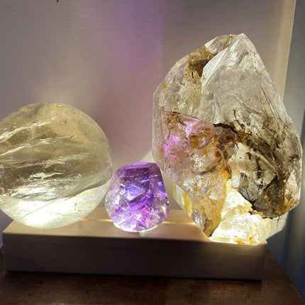 Wooden Light Up Crystal Holder with 3 White LED Lights