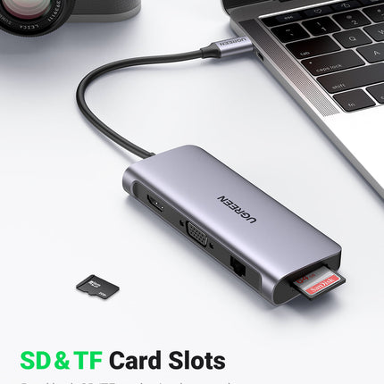 10-in-1 USB-C Hub 3xUSB-A HDMI VGA RJ45 SD/TF AUX PD Converter