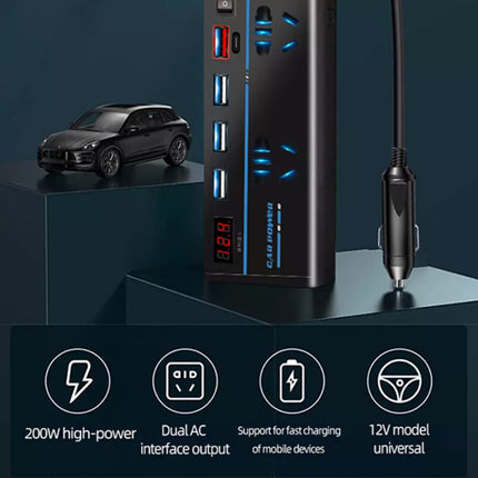 200W Car Power Inverter, 12V to 240V AC Outlet & 4 USB Ports (QC3.0) – Laptop/Camera Charger, Cooling Fan