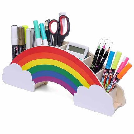 Rainbow Wooden Pen Holder DIY Pencil Case Desk Organizer for Phone Storage