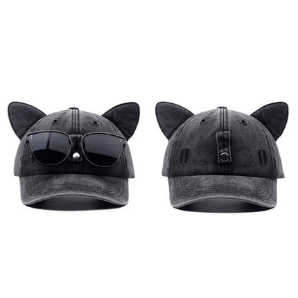 Vintage Washed Cat Ears Baseball Cap with Sunglasses, Funny Dad Hat for Men Women