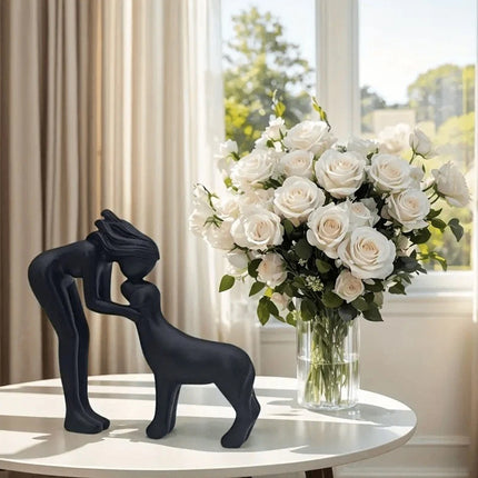 Black Minimalist Human & Dog Statue - Hand-Like Pose Pet Lover Gift