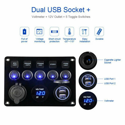 5-Gang 12V Switch Panel with LED Lights, Voltmeter & USB Charger for Campervan and RV