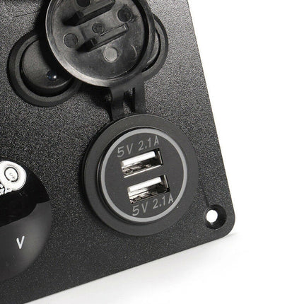 5-Gang 12V Switch Panel with LED Lights, Voltmeter & USB Charger for Campervan and RV
