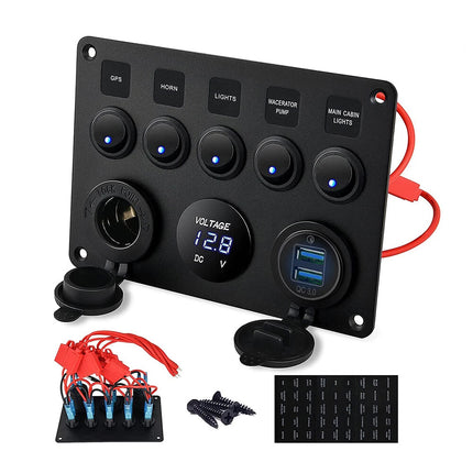5-Gang 12V Switch Panel with LED Lights, Voltmeter & USB Charger for Campervan and RV