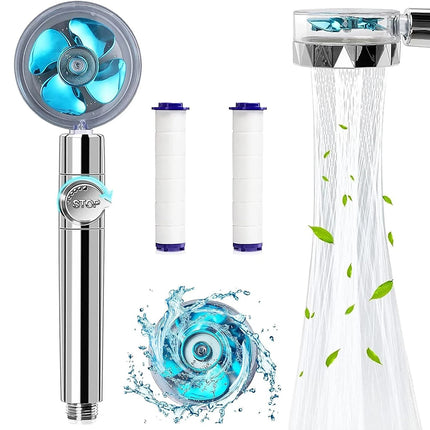 High Pressure Turbo Fan Drive Jet Shower Head – 3-in-1 Water Saving, 360° Rotating, with Filter