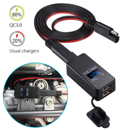 Waterproof SAE to Dual USB Charger Adapter with Voltmeter for 12V Motorcycle