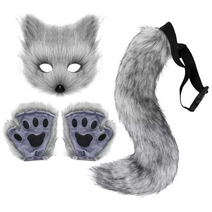 Furry Cat Fox Mask Set for Christmas Party – Costume with Tail & Paws