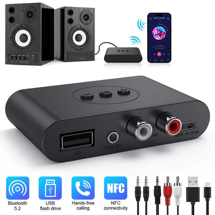 NFC Bluetooth 5.2 Wireless Receiver 3.5mm AUX to 2 RCA Stereo Audio Adapter