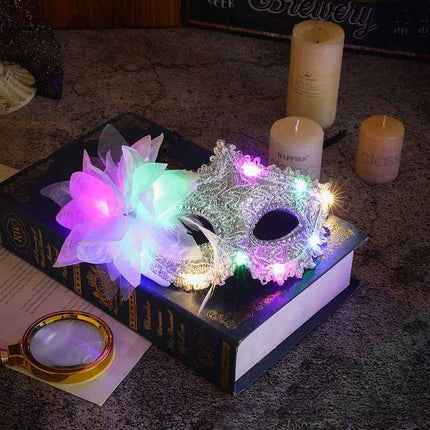 2X Random Lace Venetian Light Up Mask with Side Flower for Mardi Gras