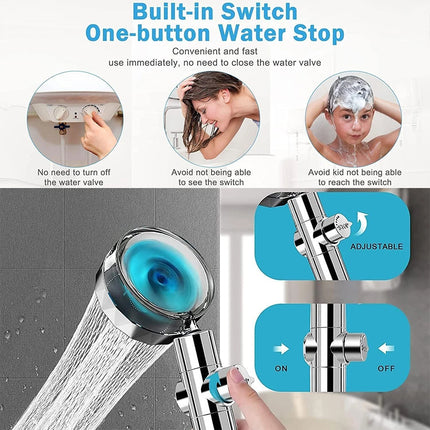 High Pressure Turbo Fan Drive Jet Shower Head – 3-in-1 Water Saving, 360° Rotating, with Filter