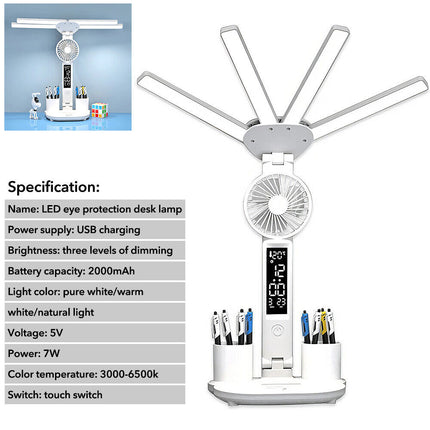 4-in-1 LED Desk Lamp with Fan, Dimmable for Reading & Night Light
