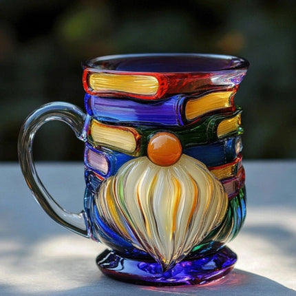 3D Painted Glass Gnome Book Mug | Stackable Coffee Cup for Home Decor