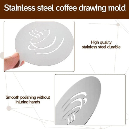 Cappuccino Stencil Set - 4 Stainless Steel Templates for Latte Art & Cocoa Duster