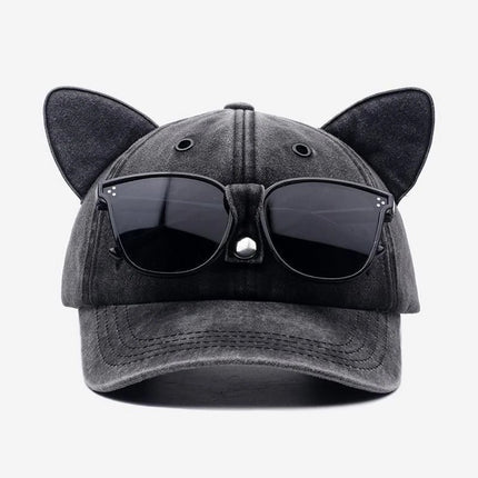 Vintage Washed Cat Ears Baseball Cap with Sunglasses, Funny Dad Hat for Men Women