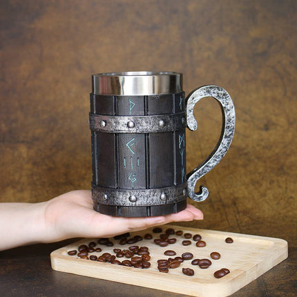 Viking Stainless Steel Tankard Odin Thor Mjolnir Beer Stein & Coffee Cup