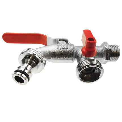 Premium 1/2" BSP Dual Outlet Garden Tap Brass Nickel Plated Auto