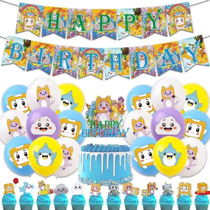 Cartoon Kids Birthday Party Decor Set with Balloons Banner & Cake Toppers
