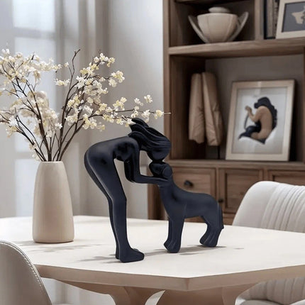Black Minimalist Human & Dog Statue - Hand-Like Pose Pet Lover Gift